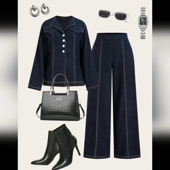 2pcs Women Casual Colorblock Outseam Blouse And Pants Suit, Autumn - Picture 1 of 9